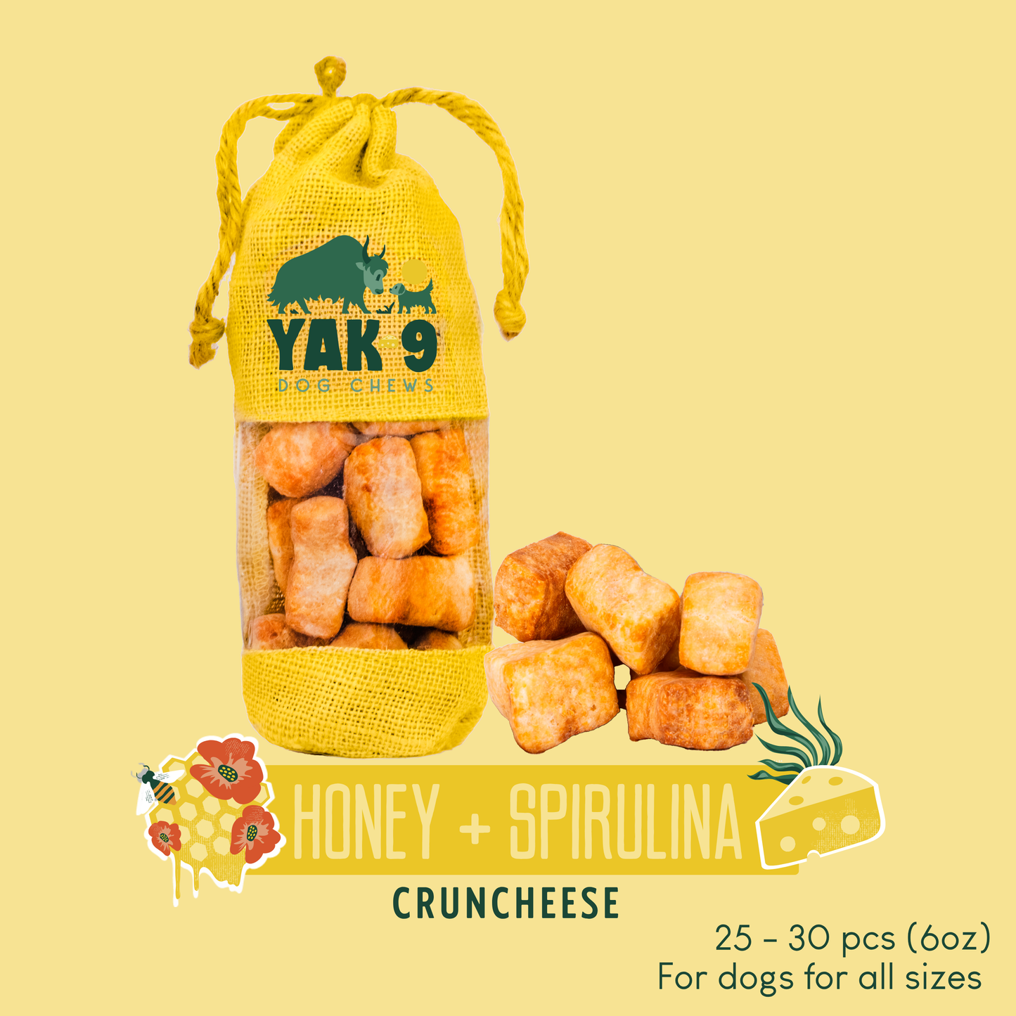 YAK9 Chews - Yak CrunCheese Treats - Burlap Bag of 25-35 pcs (6oz)